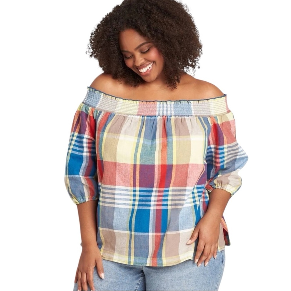 EUC Lane Bryant Plaid Off the Shoulder Top